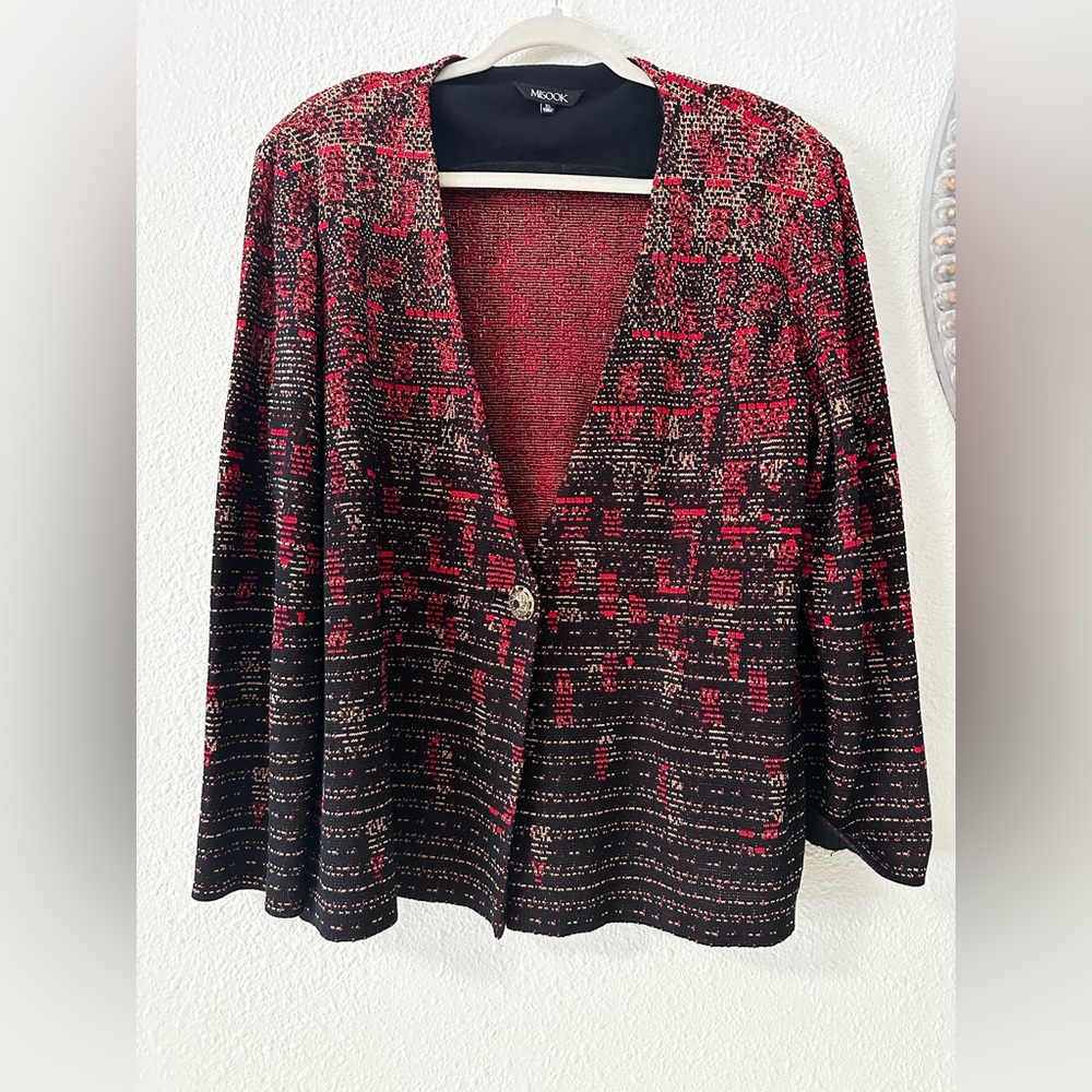 Misook Red Black & Gold Knit One Button Jacket